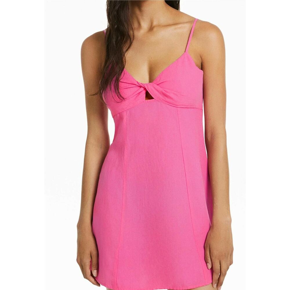 Bershka Mini Dress Women's Size Large Pink Spaghetti Strap Side Zip Smocked NWT